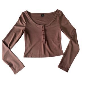 Shein‎ Ribbed Crop Top Long Sleeve Brown Button Front Scoop Neck Size M